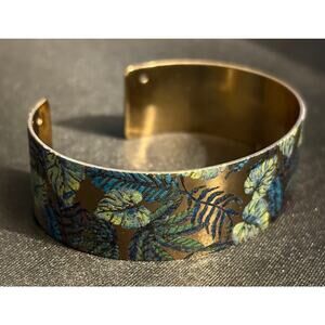 Vintage Gold Tone Tropical Leaf Cuff Bracelet Blue Green Botanical Size 7